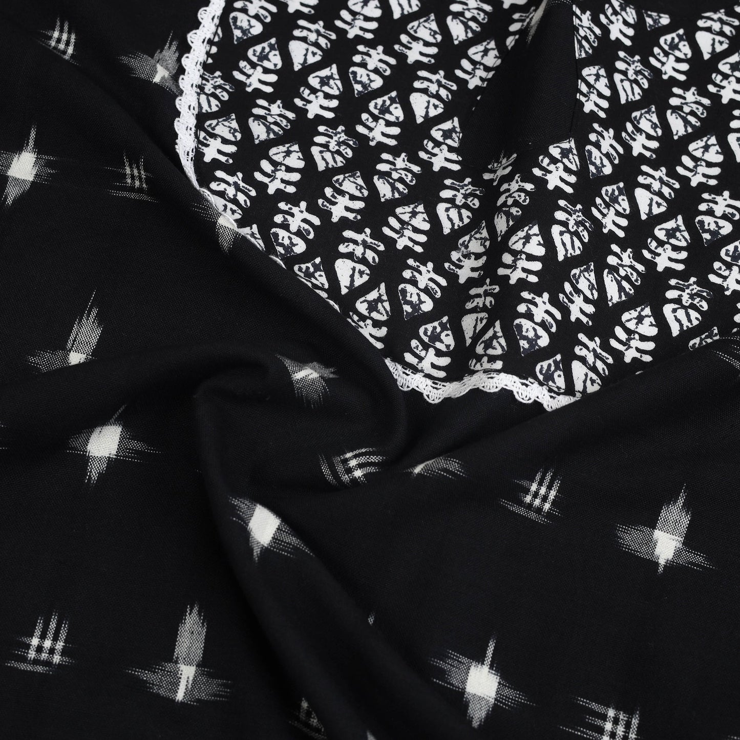 Buy Black Pochampally Ikat Patchwork Cotton Kurta Material