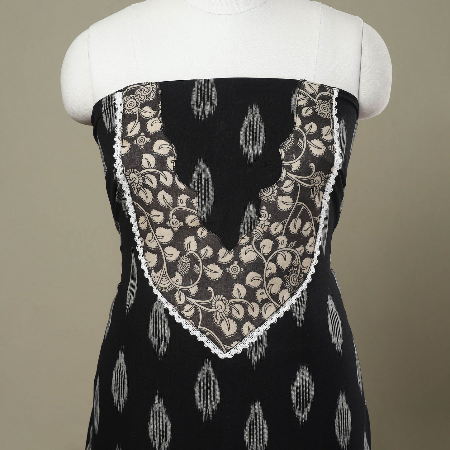 Buy Black Pochampally Ikat Patchwork Cotton Kurta Material