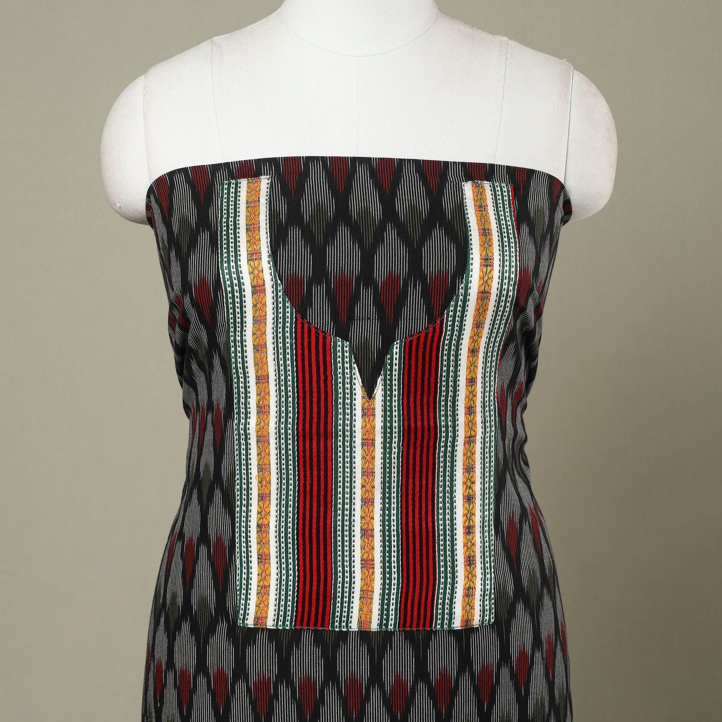 Buy Black Pochampally Ikat Patchwork Cotton Kurta Material