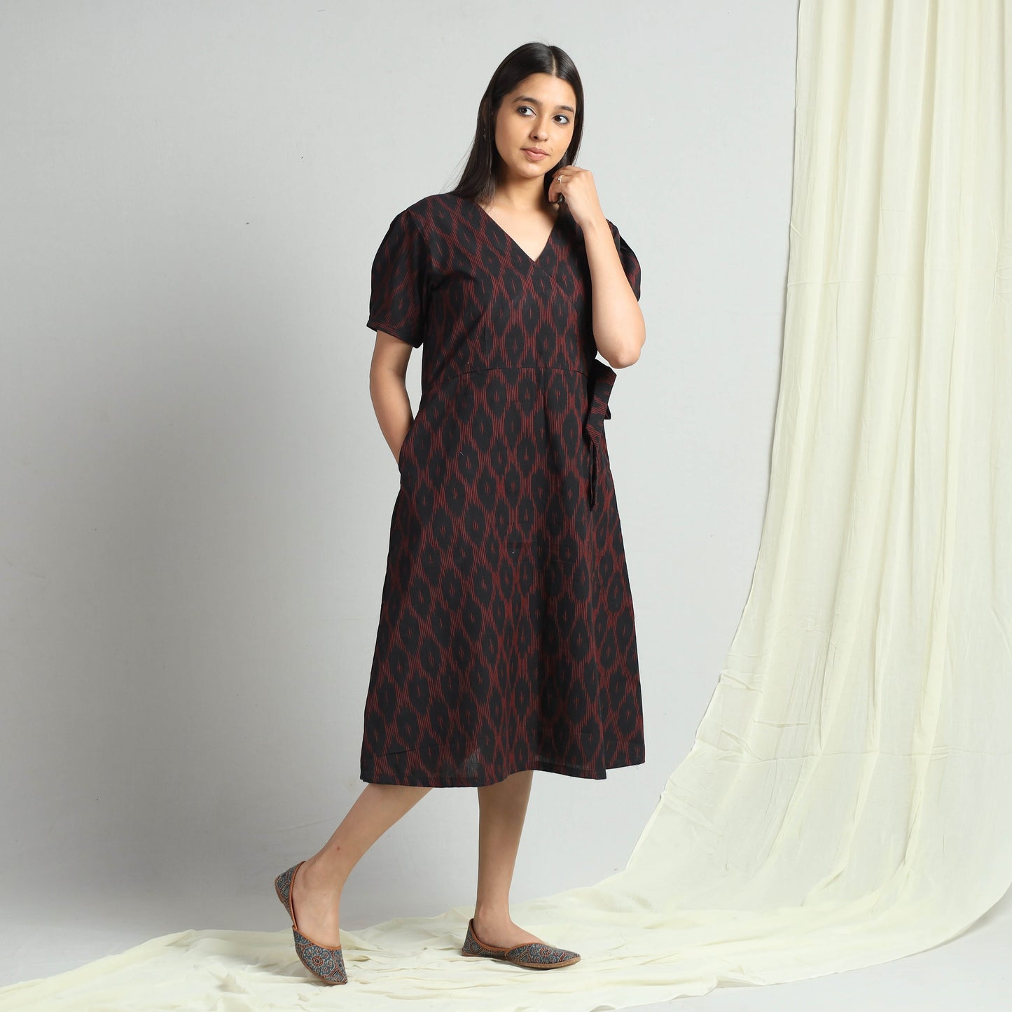 Black - Pochampally Ikat Weave Cotton Dress