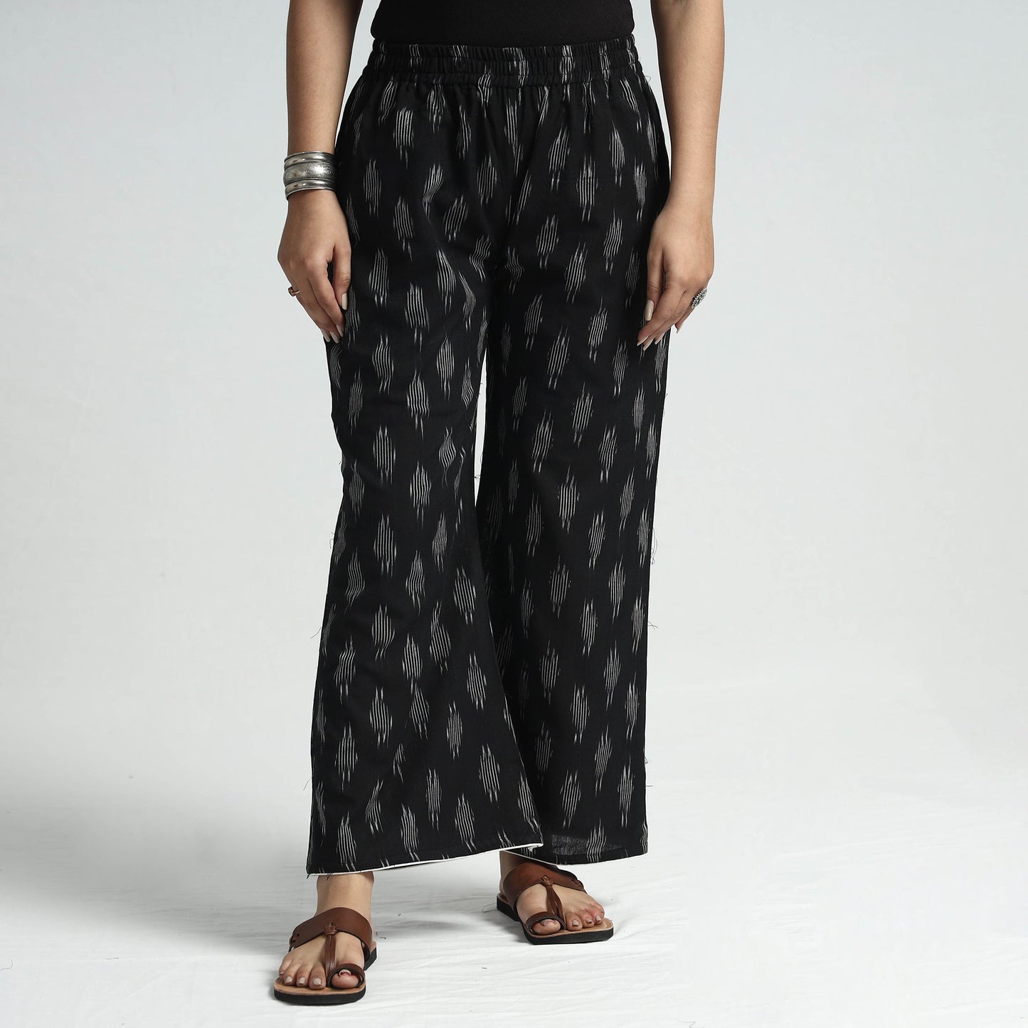 Black - pochampally ikat weave cotton elasticated palazzo