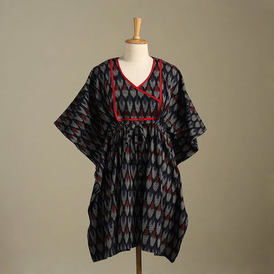 Black Pochampally Ikat Weave Cotton Kaftan (Medium)