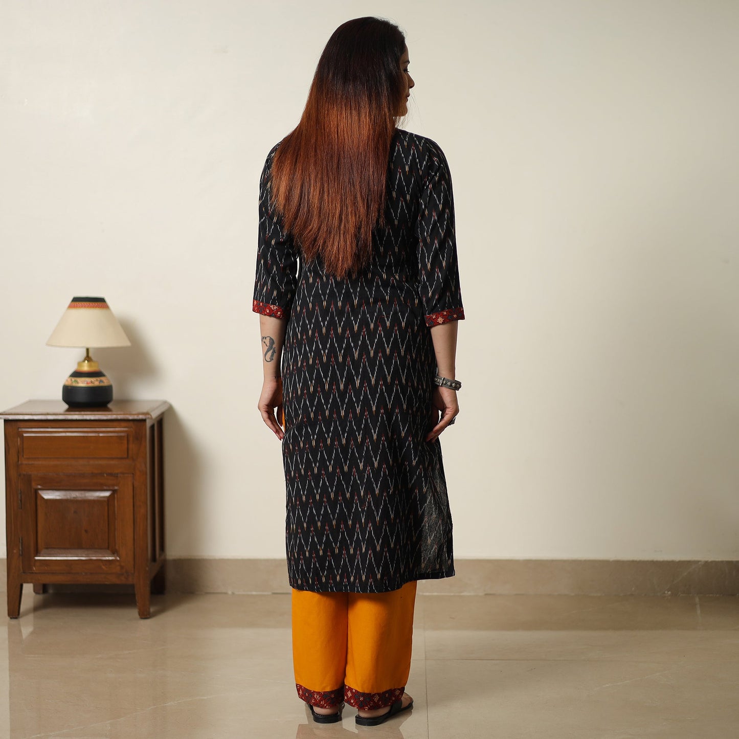  Pochampally Ikat Weave Cotton Kurta with Palazzo & Dupatta Set 07 