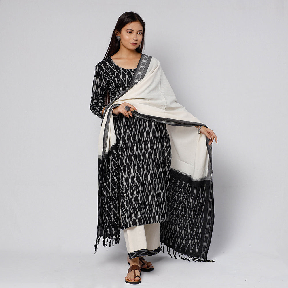  Pochampally Ikat Weave Cotton Kurta with Palazzo & Dupatta Set 