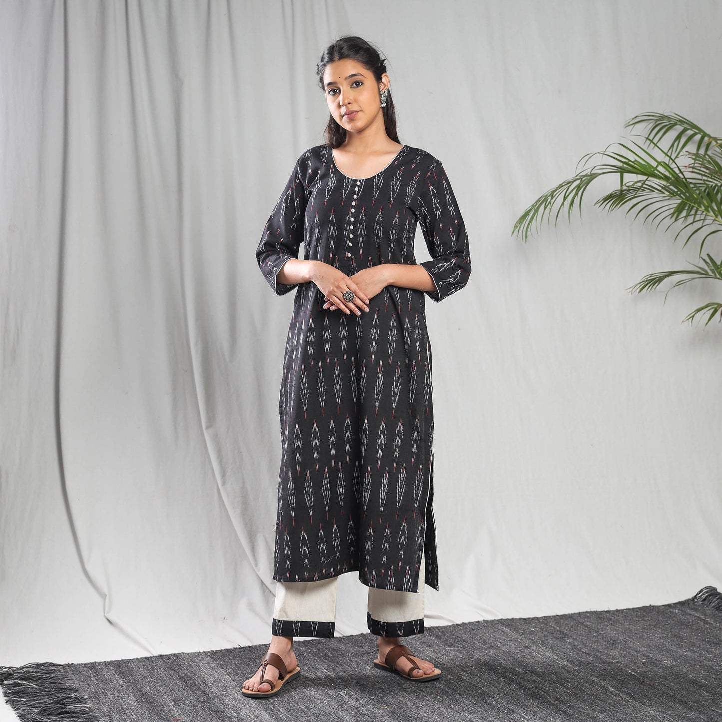  Pochampally Ikat Weave Cotton Kurta with Palazzo & Dupatta Set 