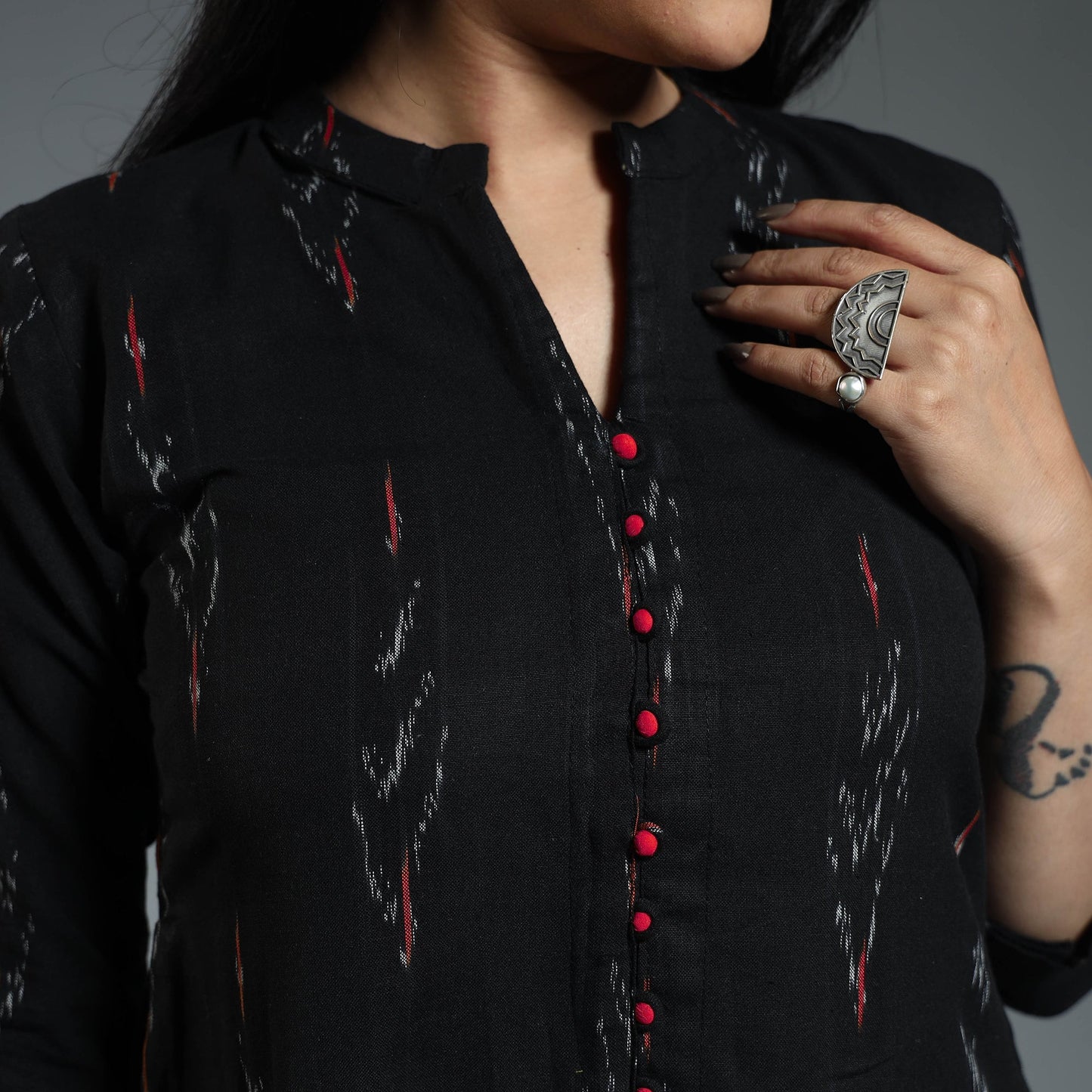 Black - pochampally ikat weave cotton long a-line kurta 09