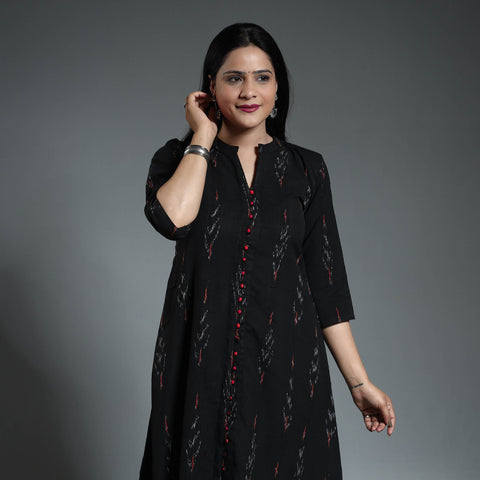 Black - pochampally ikat weave cotton long a-line kurta 09
