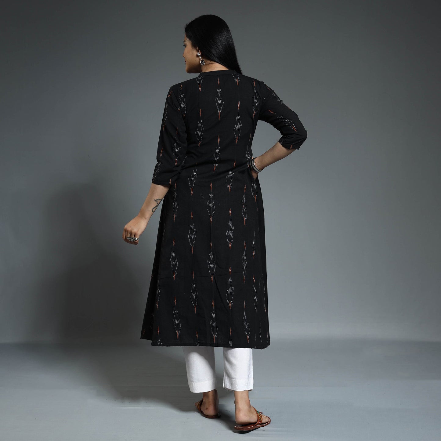  Pochampally Ikat Weave Cotton Long A-Line Kurta 09 