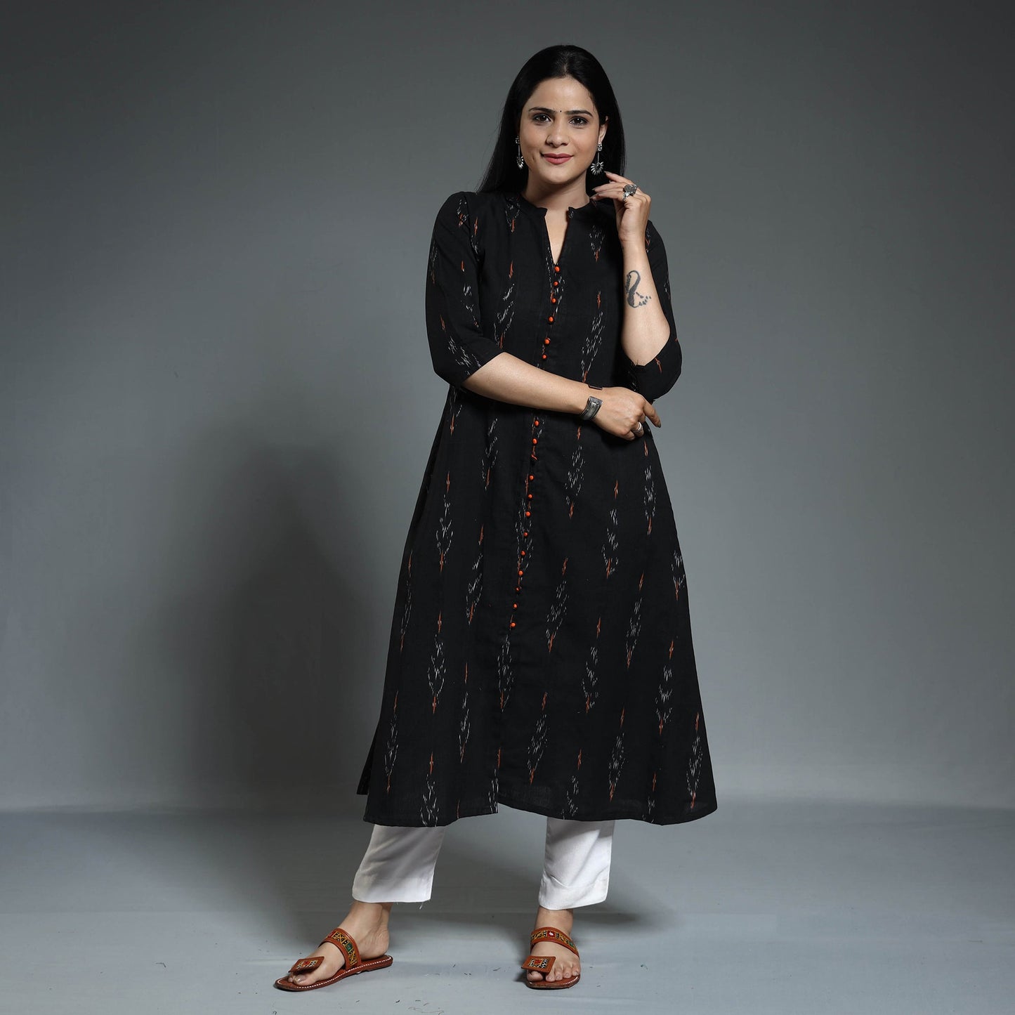  Pochampally Ikat Weave Cotton Long A-Line Kurta 09 
