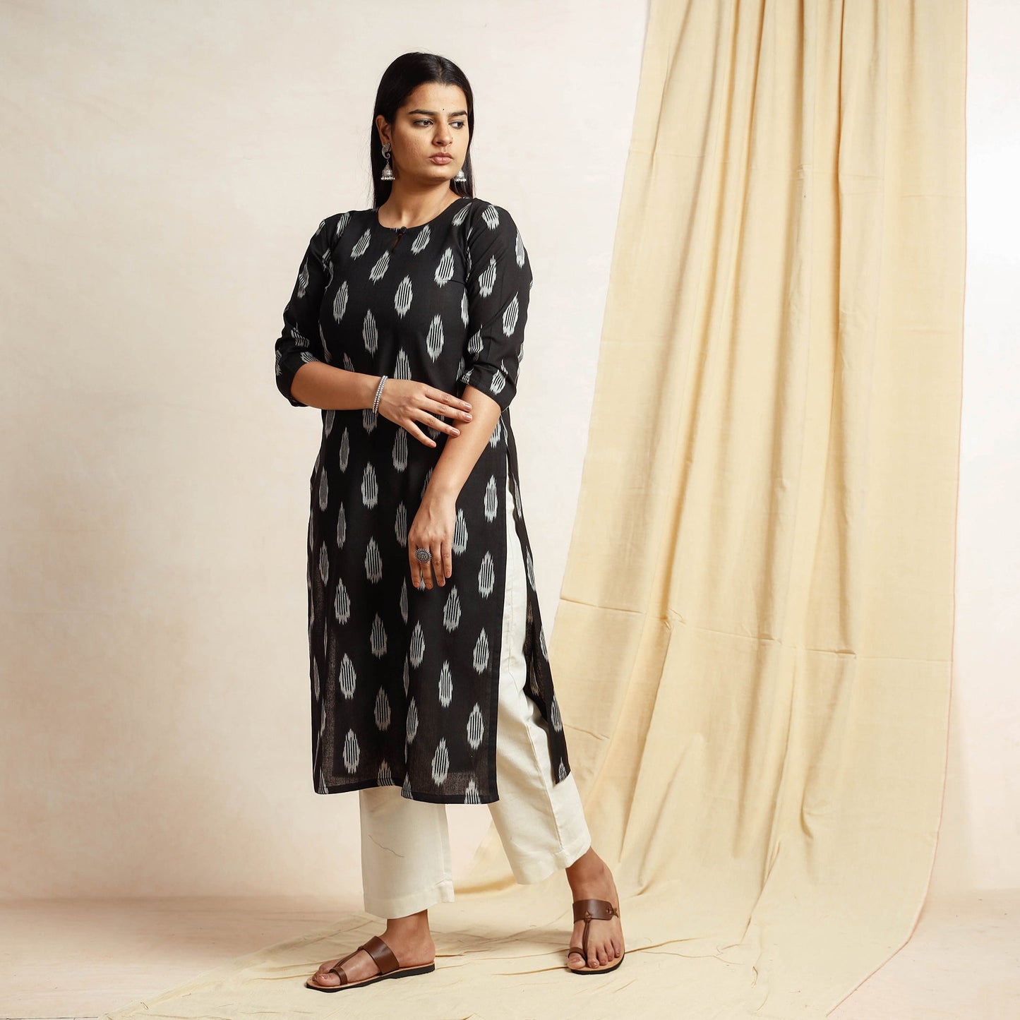 Pochampally Ikat Weave Cotton Long Straight Kurta for Women