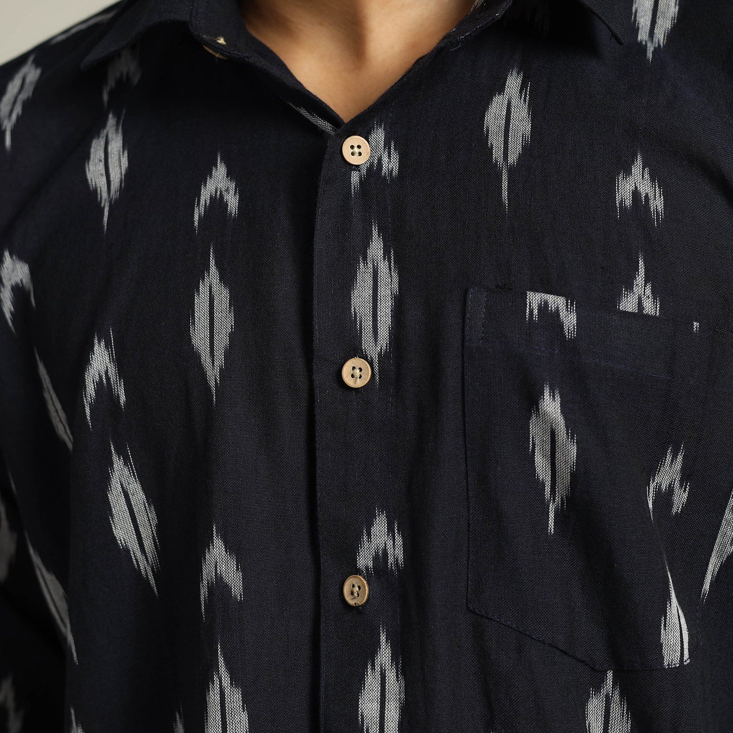 Black Pochampally Ikat Weave Cotton Men Full Sleeve Shirt