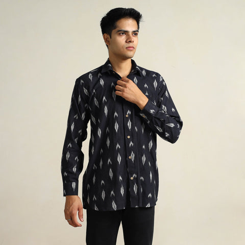 Black Pochampally Ikat Weave Cotton Men Full Sleeve Shirt