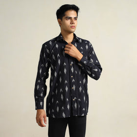 Black Pochampally Ikat Weave Cotton Men Full Sleeve Shirt