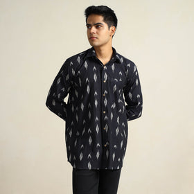 Black Pochampally Ikat Weave Cotton Men Full Sleeve Shirt