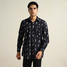Black Pochampally Ikat Weave Cotton Men Full Sleeve Shirt