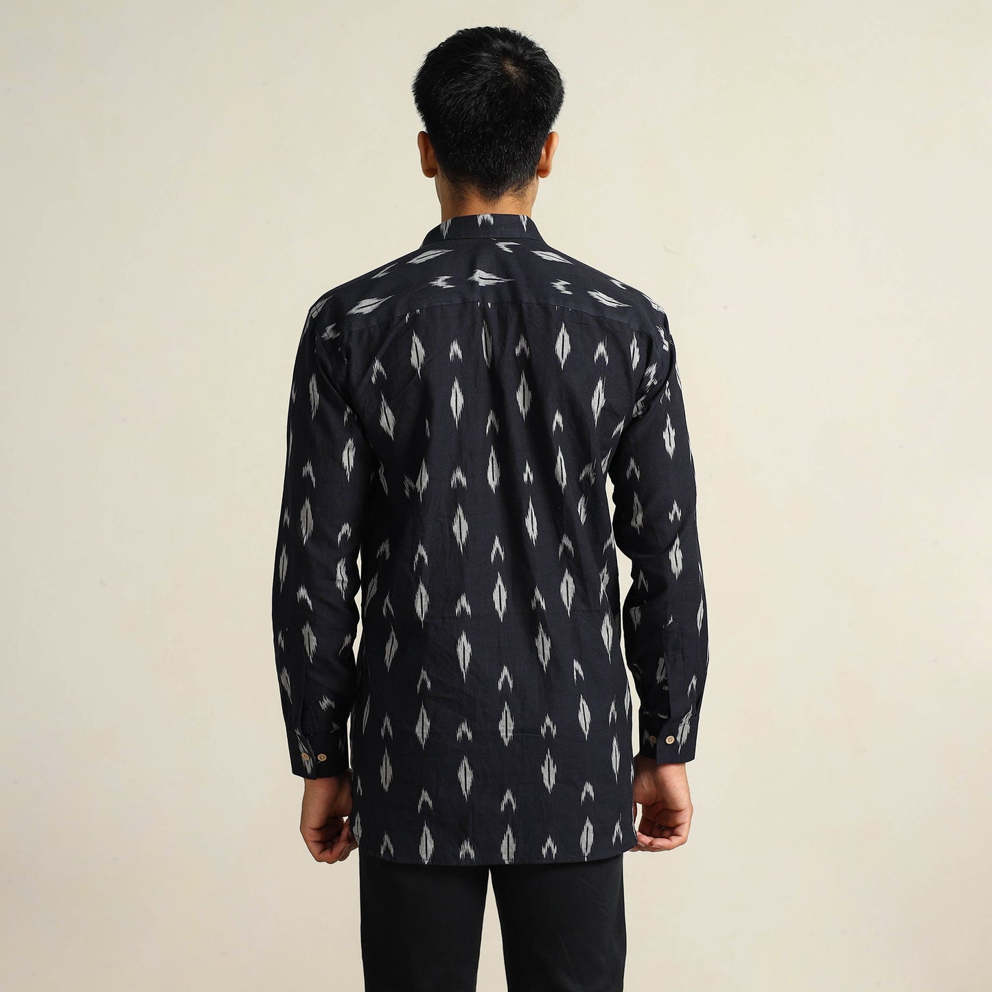 Black Pochampally Ikat Weave Cotton Men Full Sleeve Shirt