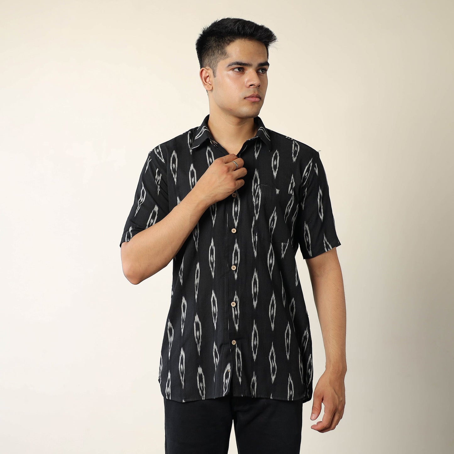 Black Pochampally Ikat Weave Cotton Men Half Sleeve Shirt