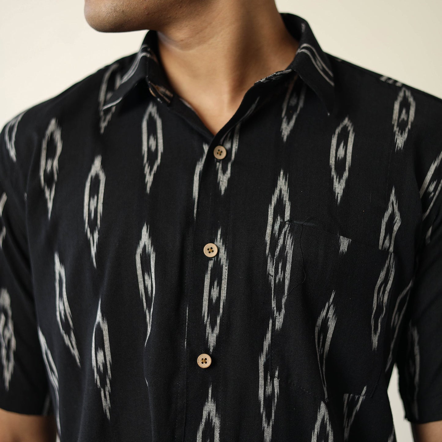 Black Pochampally Ikat Weave Cotton Men Half Sleeve Shirt