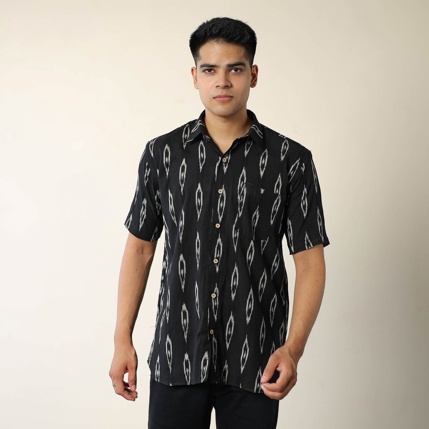 Black Pochampally Ikat Weave Cotton Men Half Sleeve Shirt