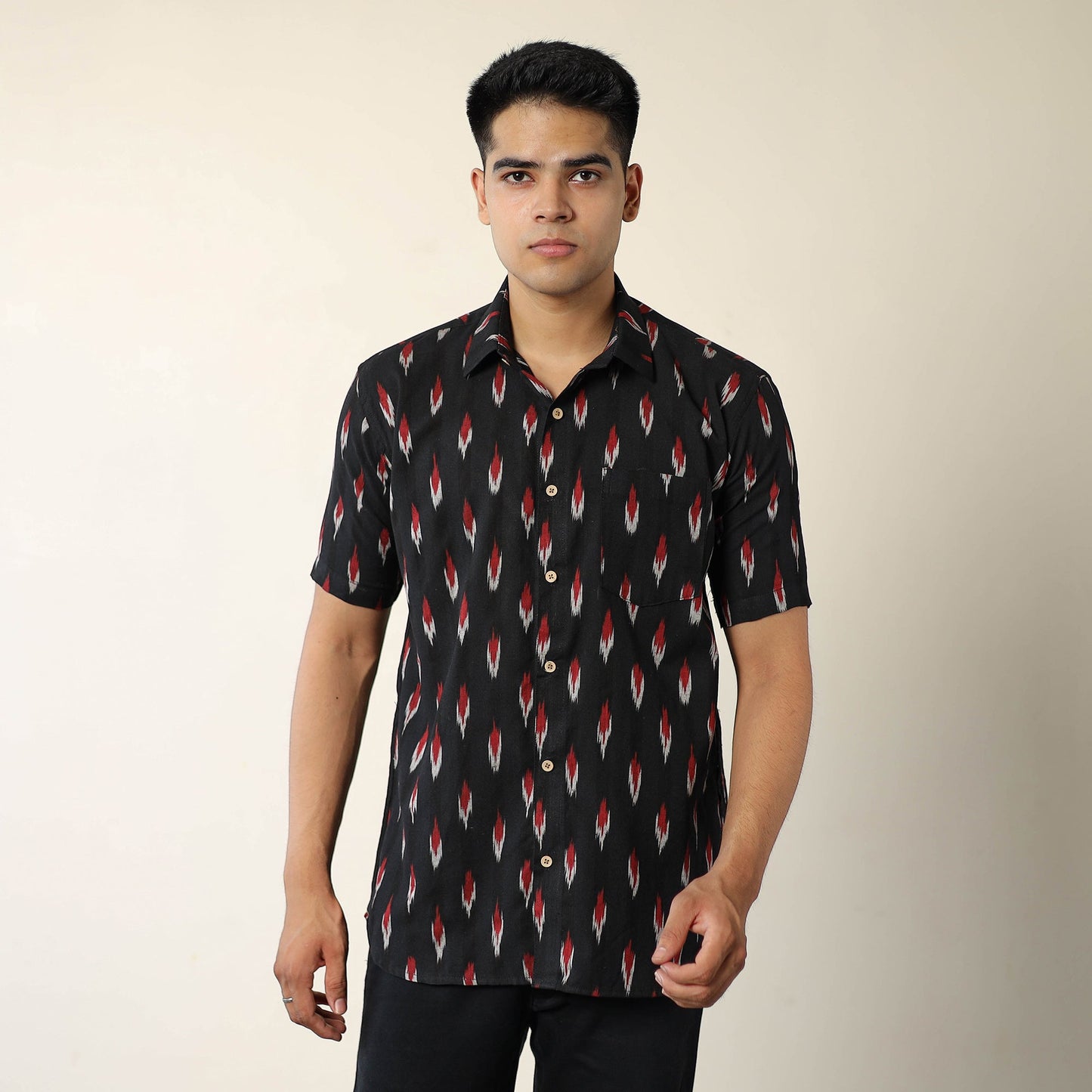 Black Pochampally Ikat Weave Cotton Men Half Sleeve Shirt 