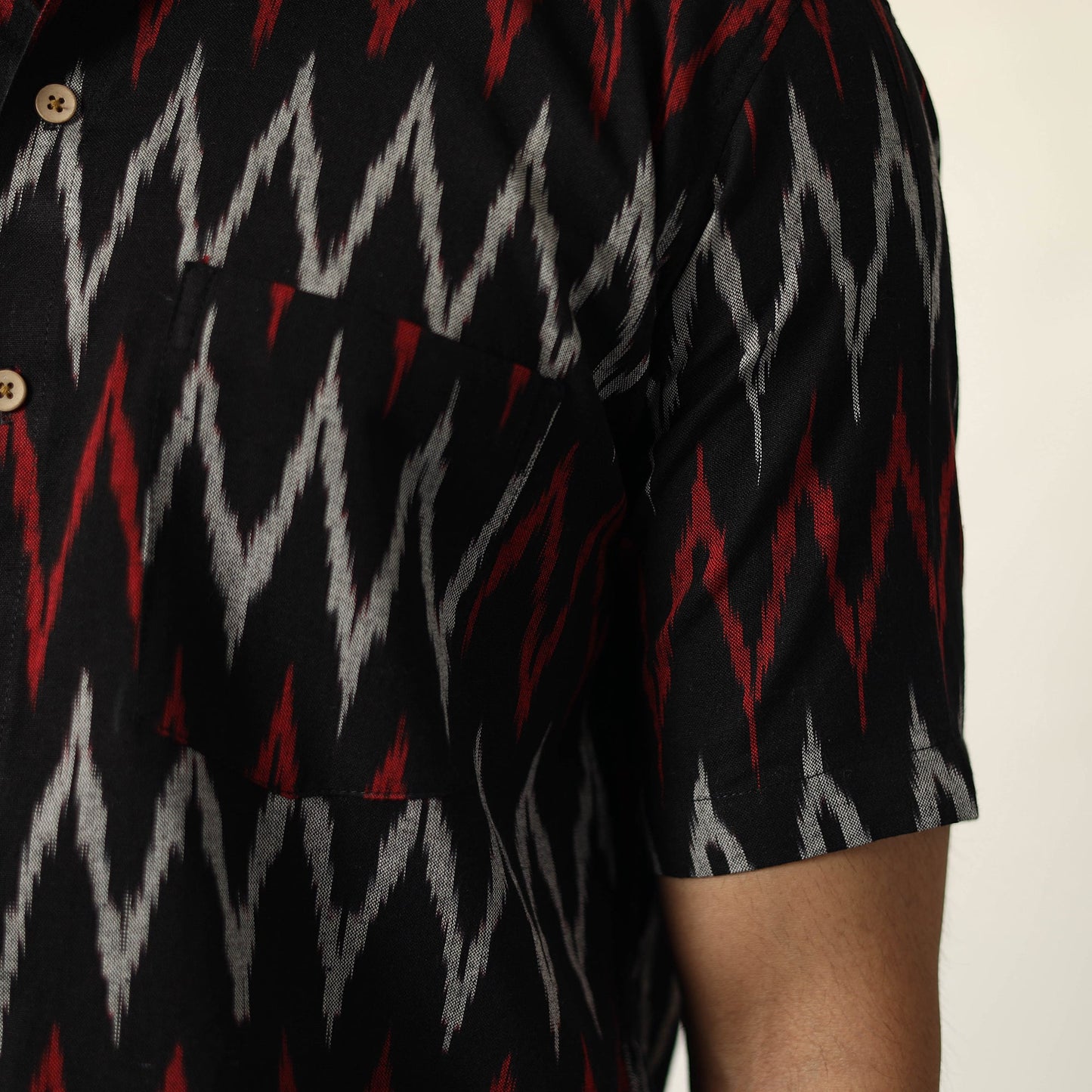 Black Pochampally Ikat Weave Cotton Men Half Sleeve Shirt