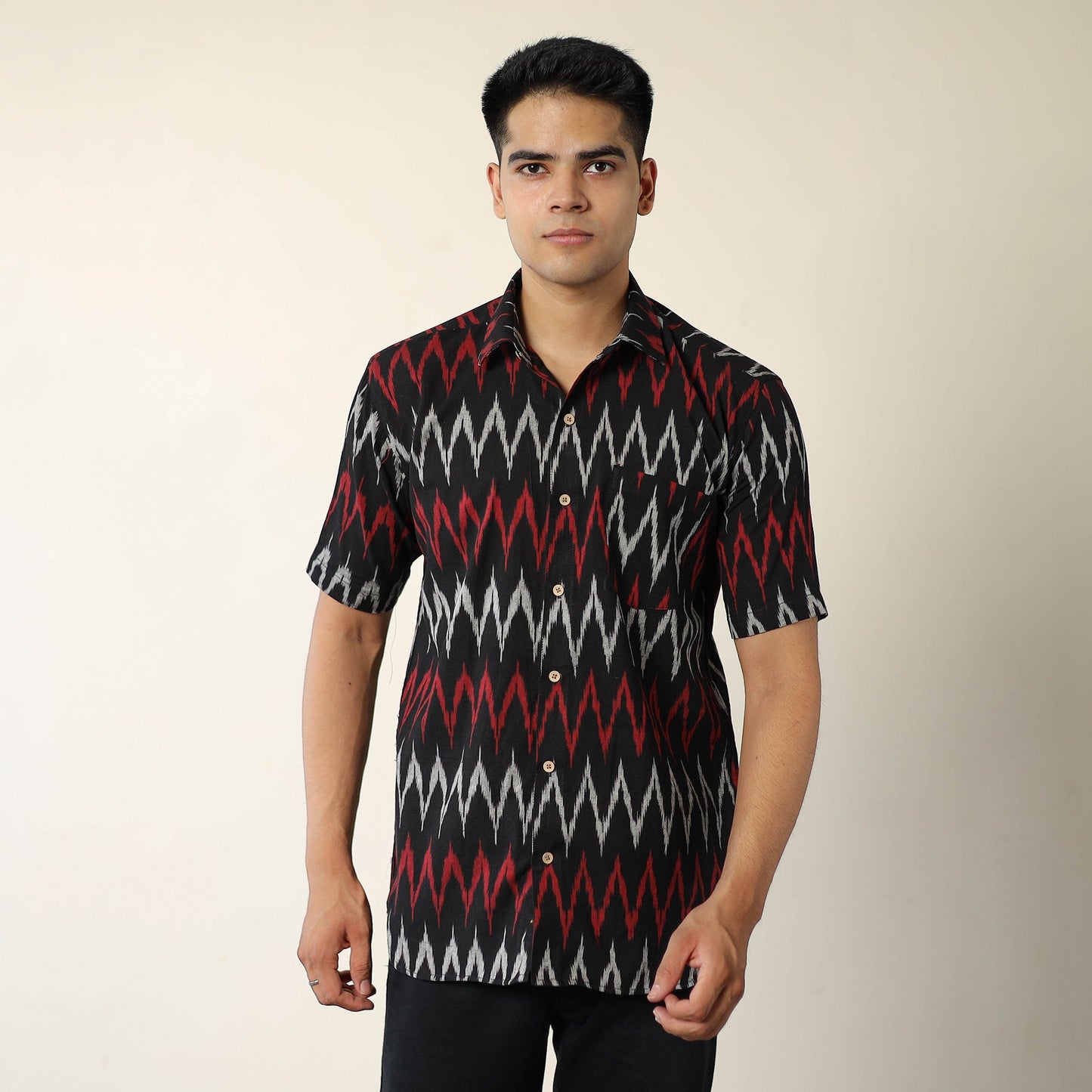 Black Pochampally Ikat Weave Cotton Men Half Sleeve Shirt