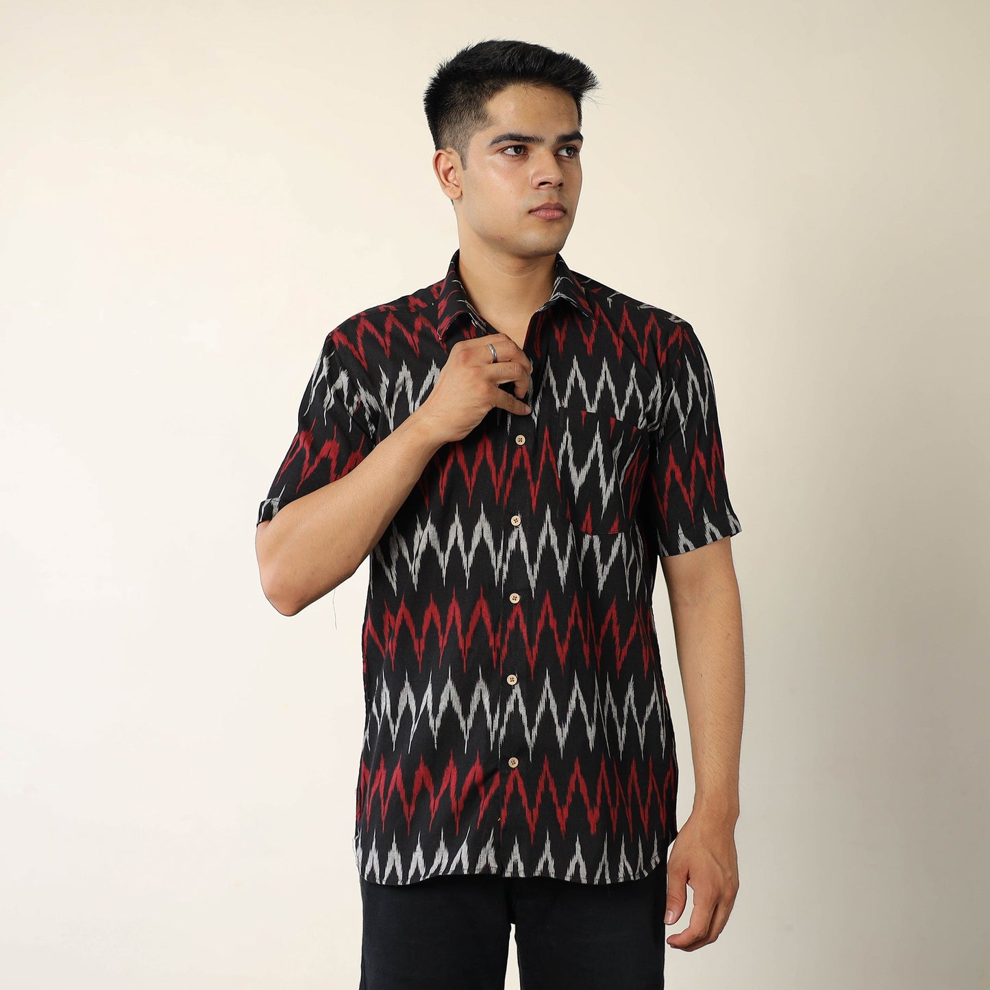 Black Pochampally Ikat Weave Cotton Men Half Sleeve Shirt