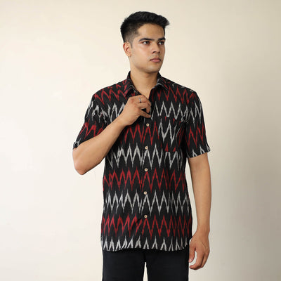 Black Pochampally Ikat Weave Cotton Men Half Sleeve Shirt