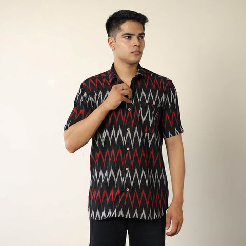 Black Pochampally Ikat Weave Cotton Men Half Sleeve Shirt