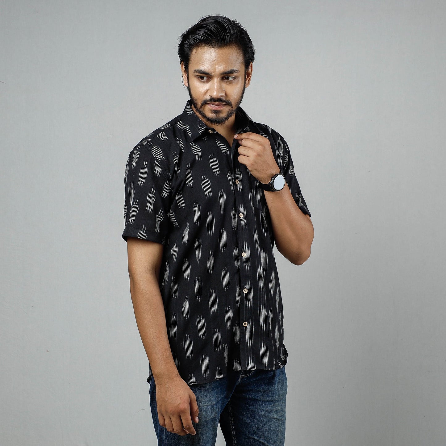 Black - Pochampally Ikat Weave Cotton Men Half Sleeve Shirt