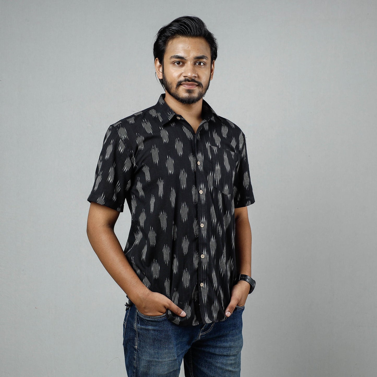 Black - Pochampally Ikat Weave Cotton Men Half Sleeve Shirt