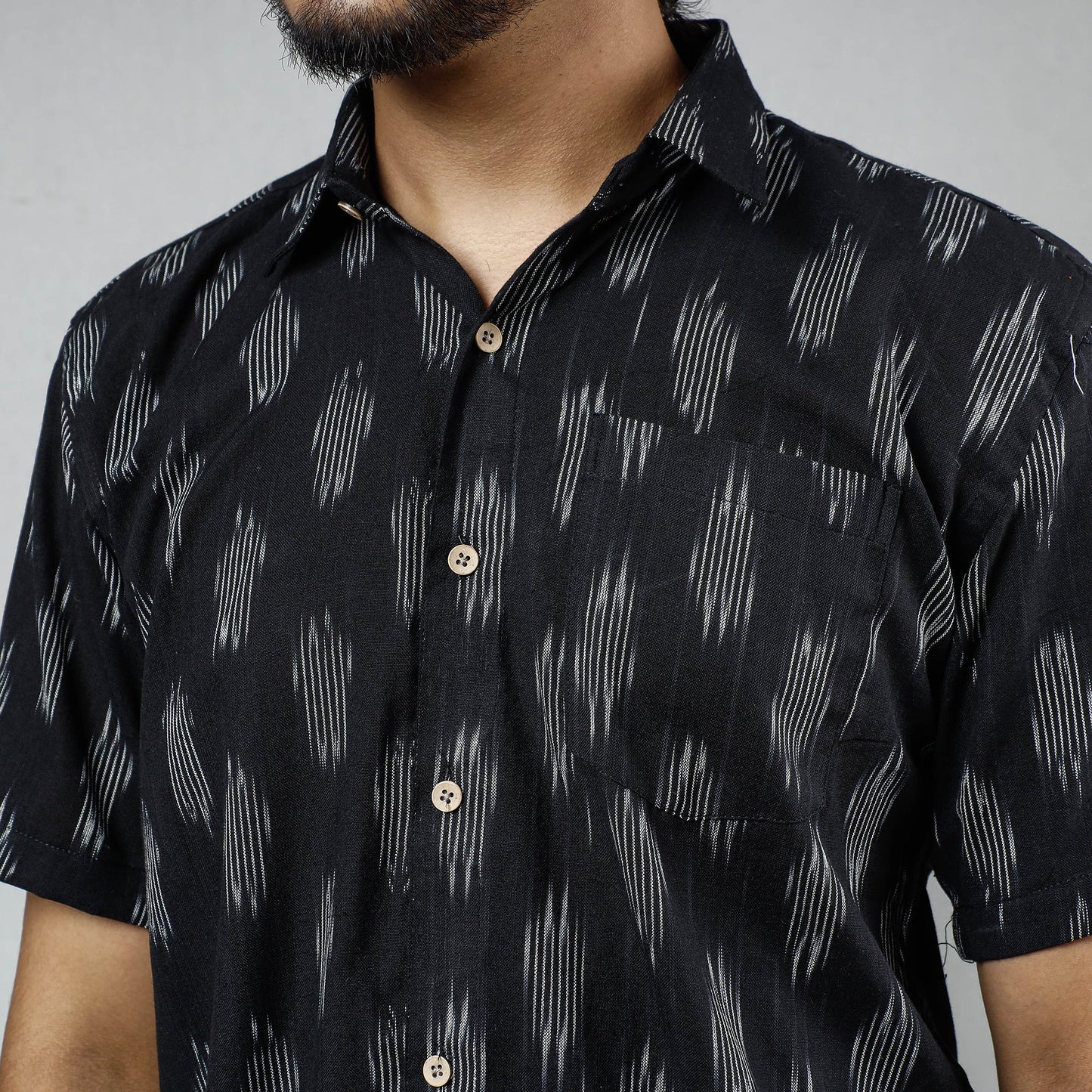 Black - Pochampally Ikat Weave Cotton Men Half Sleeve Shirt