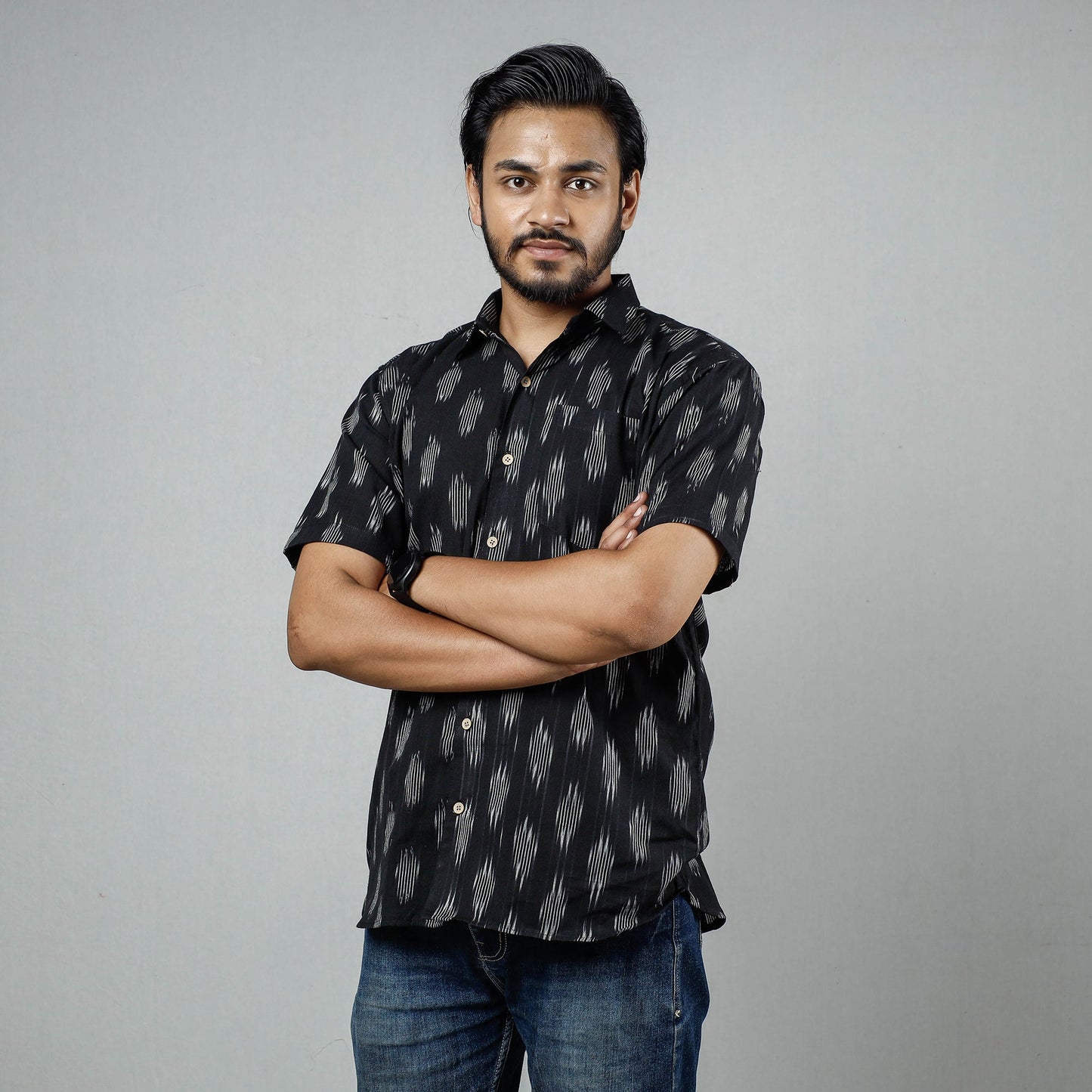 Black - Pochampally Ikat Weave Cotton Men Half Sleeve Shirt
