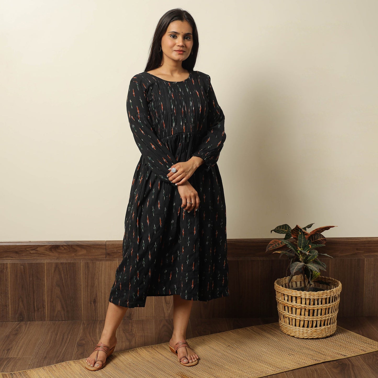 Buy Pochampally Ikat Weave Cotton Pintuck Flared Dress 03 Online l iTokri.com