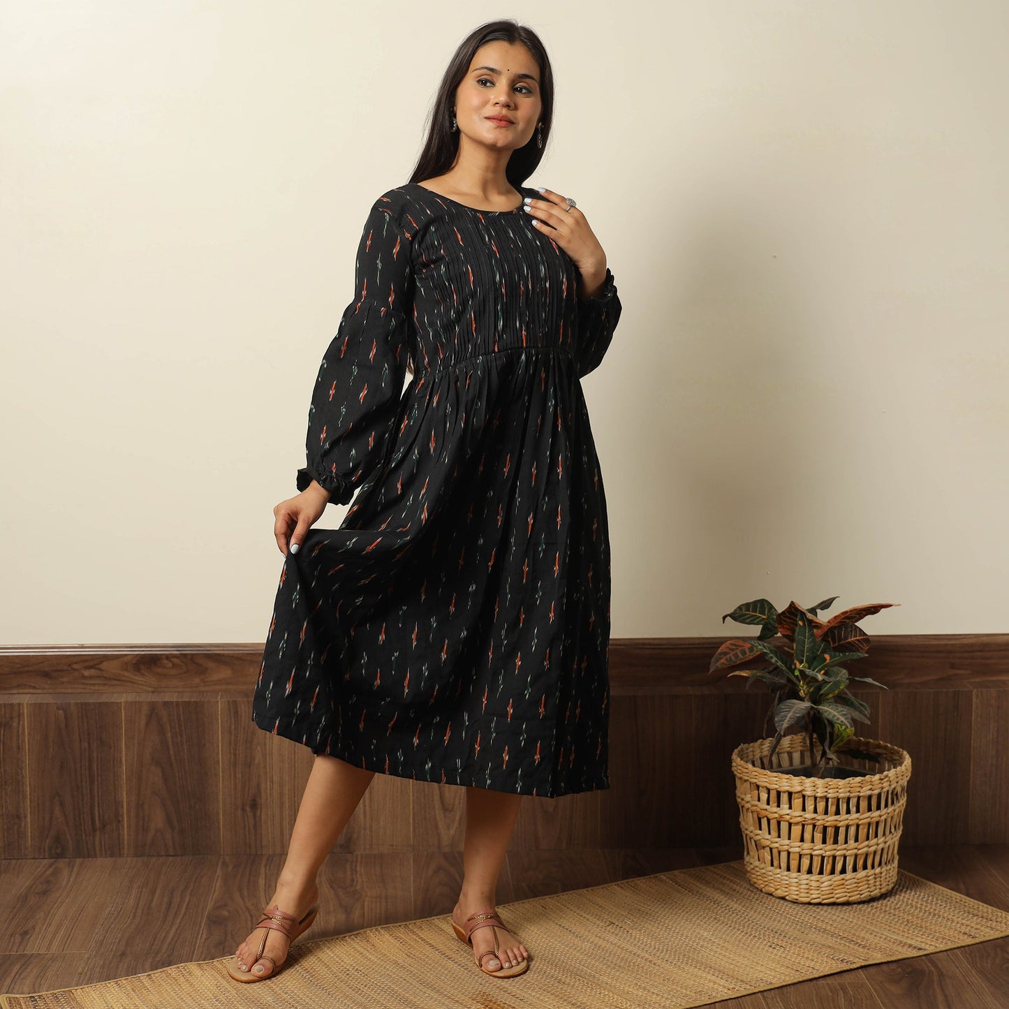 Buy Pochampally Ikat Weave Cotton Pintuck Flared Dress 03 Online l iTokri.com