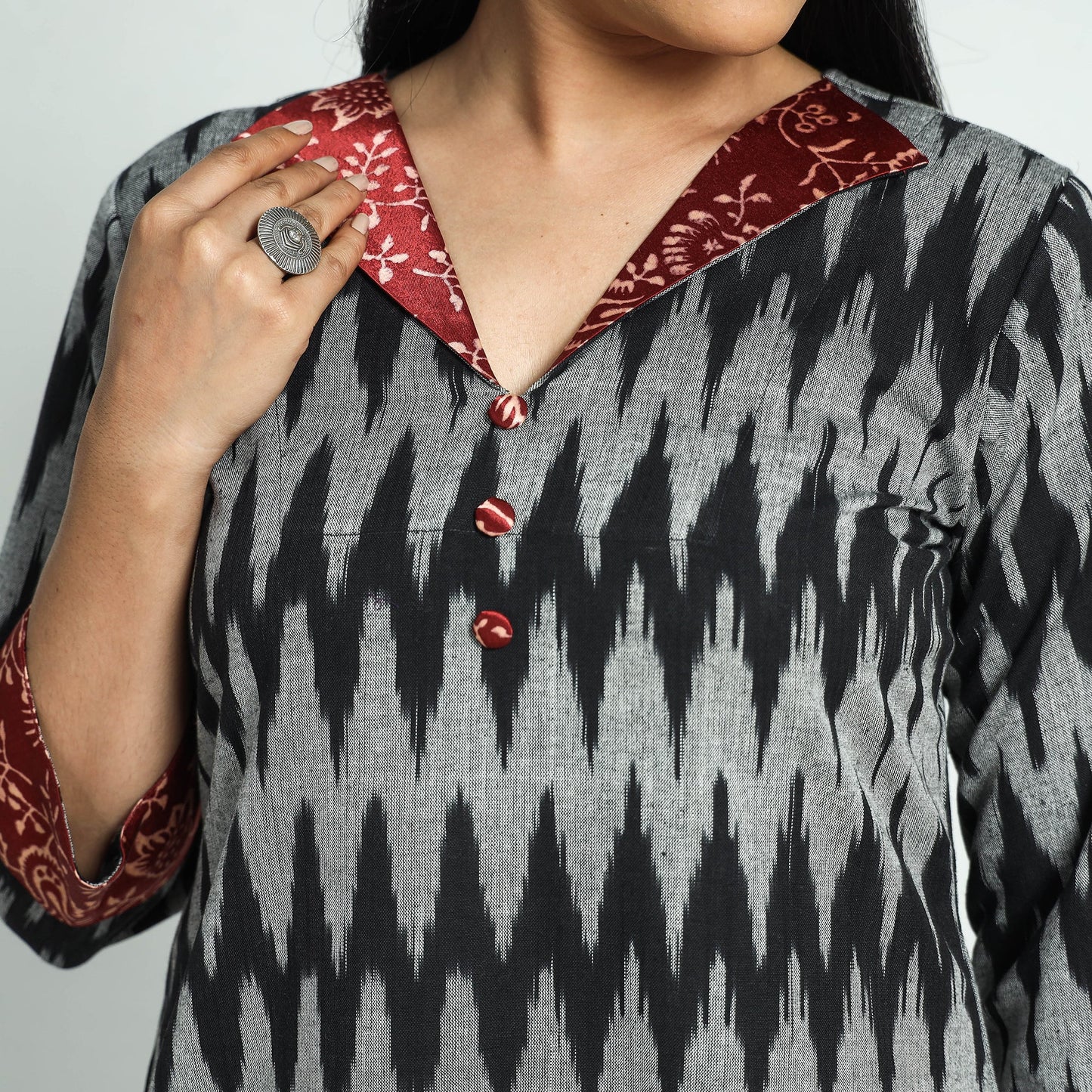 Pochampally Ikat Weave Modal Silk Patchwork Cotton Straight Kurta Online at iTokri.com