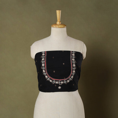 Black Polka Dot Hand Embroidery Cotton Blouse Piece
