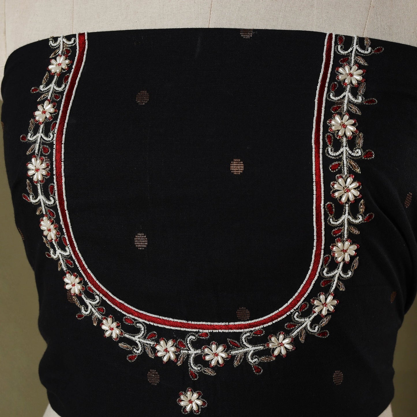 Black Polka Dot Hand Embroidery Cotton Blouse Piece