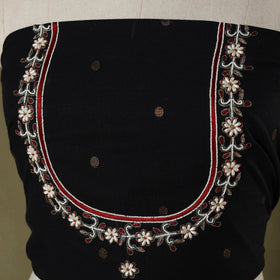 Black Polka Dot Hand Embroidery Cotton Blouse Piece
