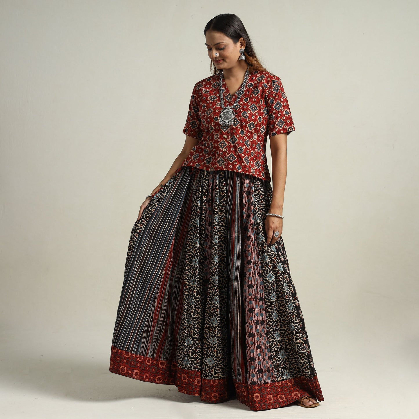  Ajrakh Block Printed 24 Kali Patchwork Cotton Long Skirt 08 