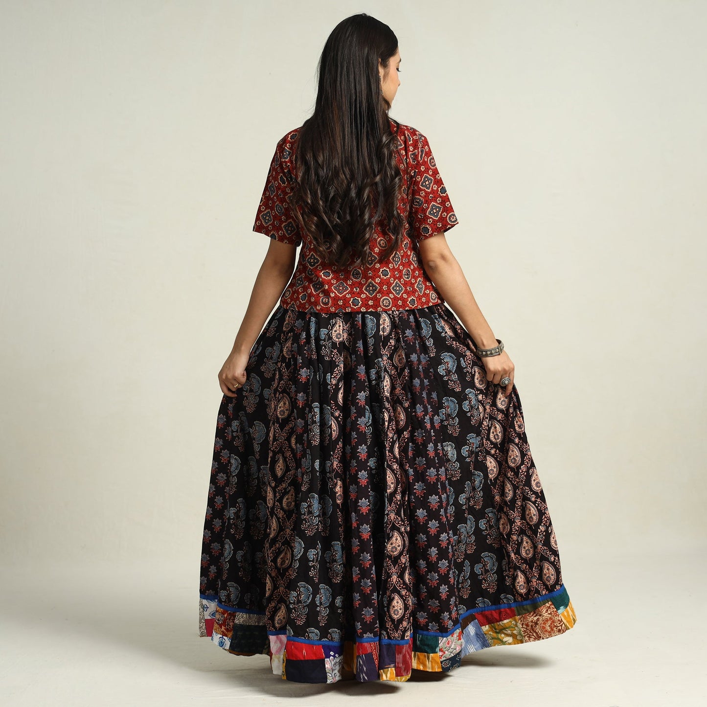 Black - printed 24 kali patchwork cotton long skirt 11