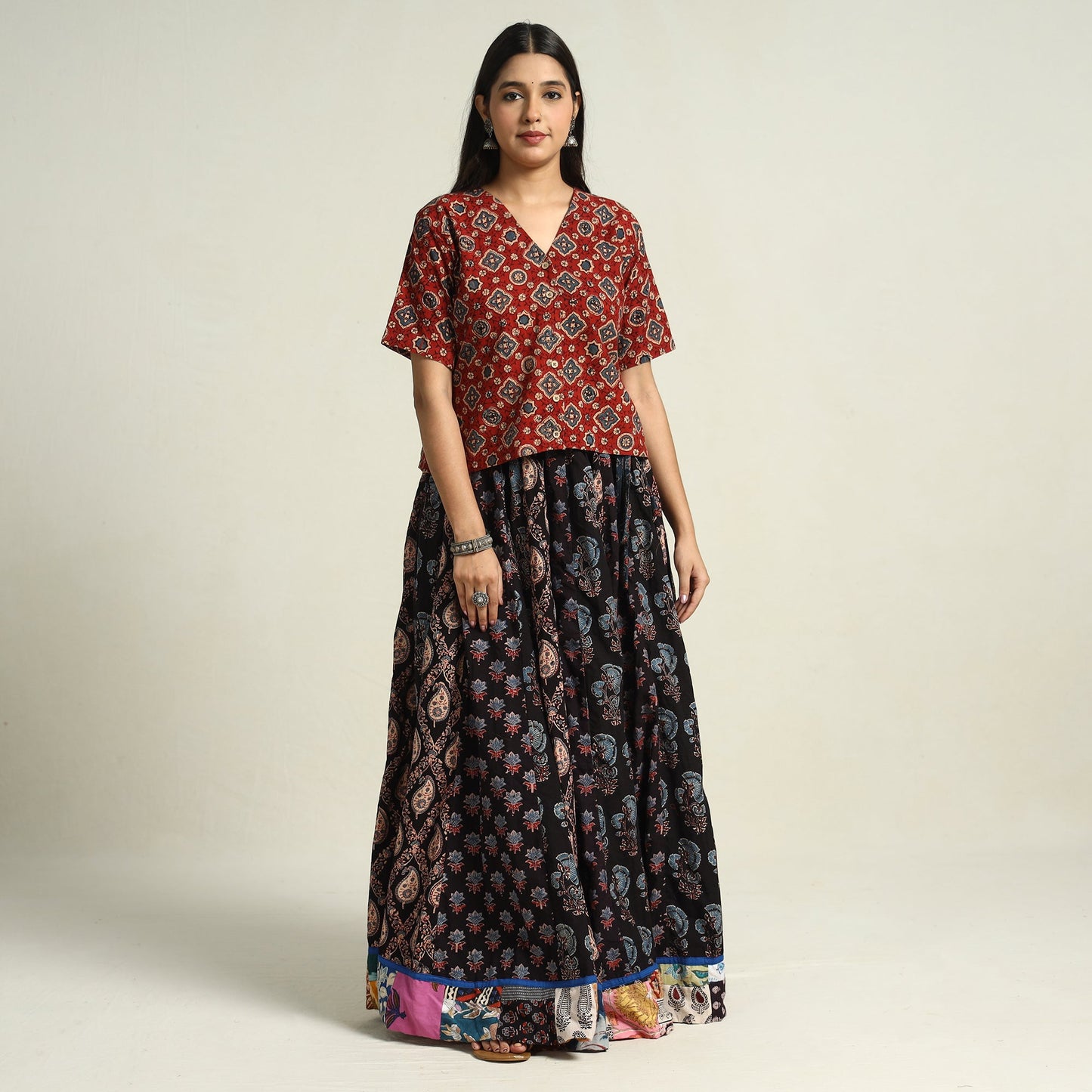 Black - printed 24 kali patchwork cotton long skirt 11