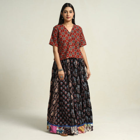 Black - printed 24 kali patchwork cotton long skirt 11