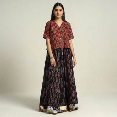 Black - printed 24 kali patchwork cotton long skirt 16