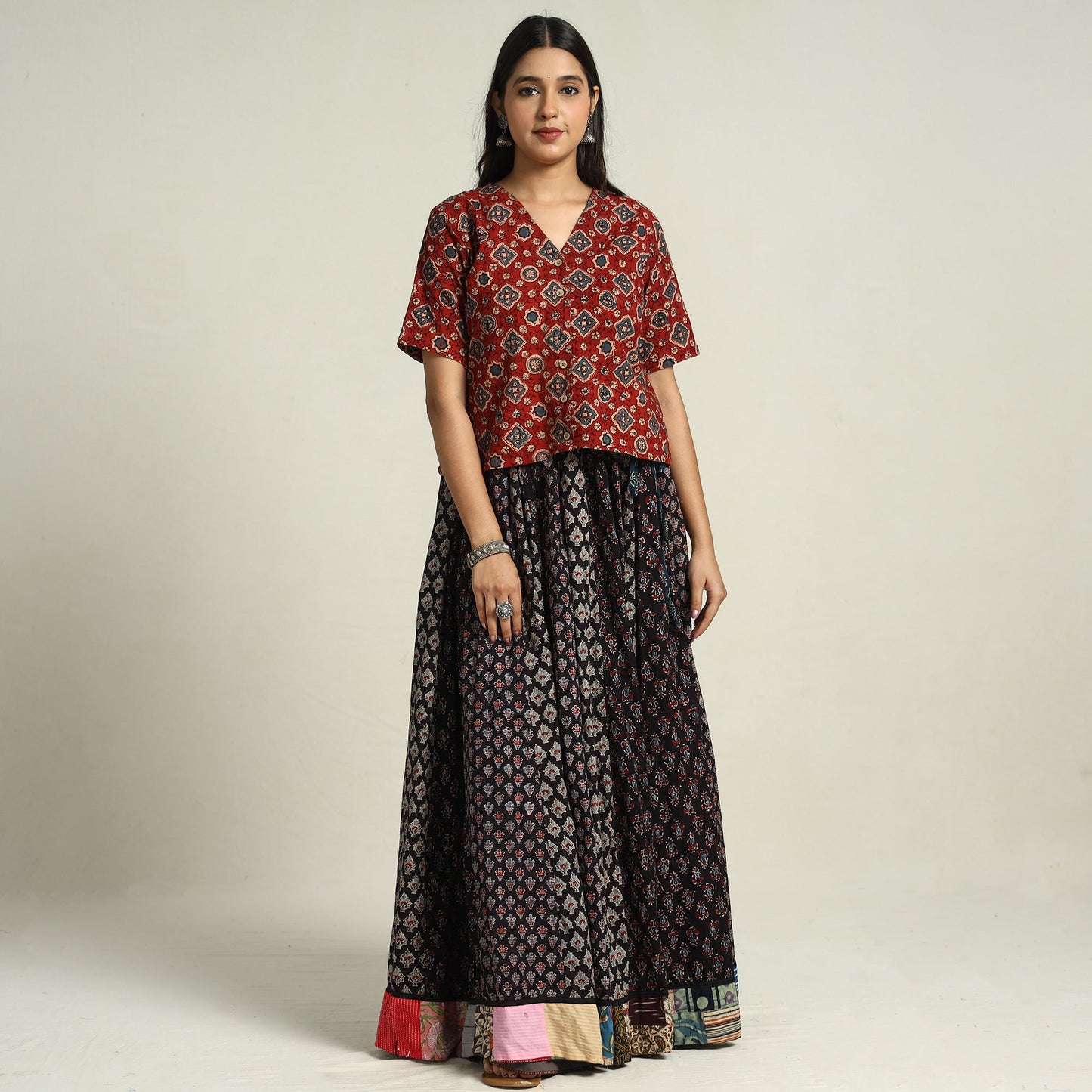 Black - printed 24 kali patchwork cotton long skirt 41