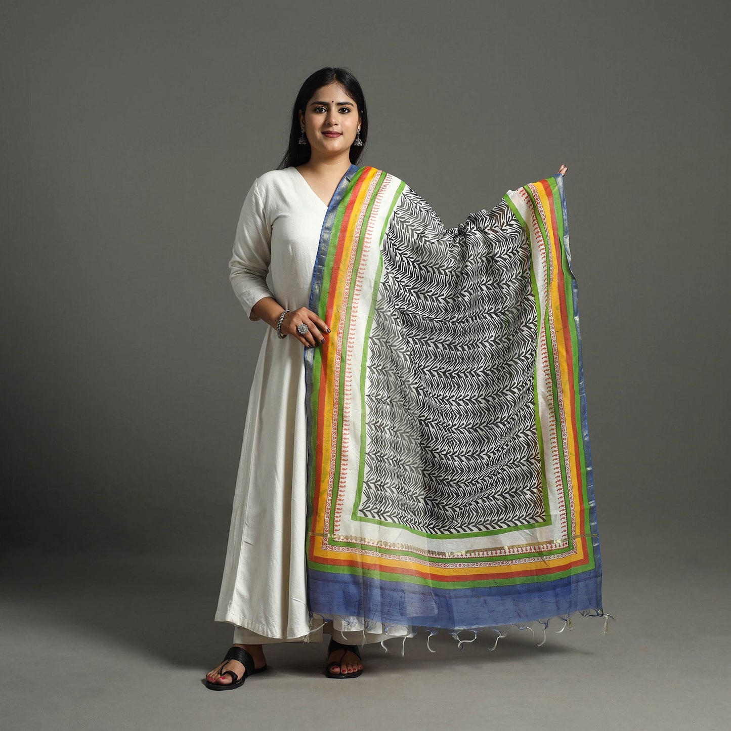  Black Block Printed Chanderi Silk Bagru Dupatta 