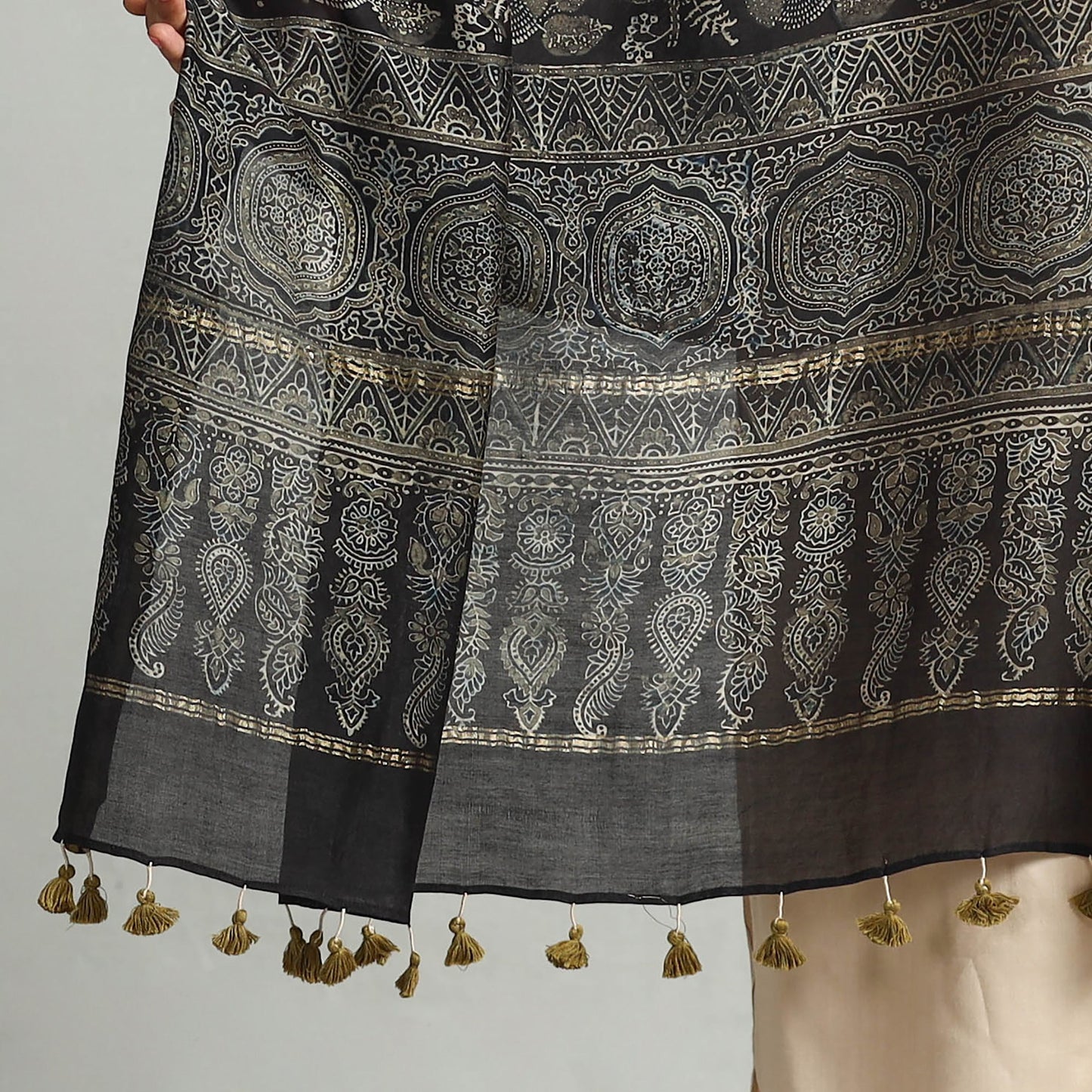 Black - Block Print Chanderi Silk Handloom Ajrakh Dupatta 20