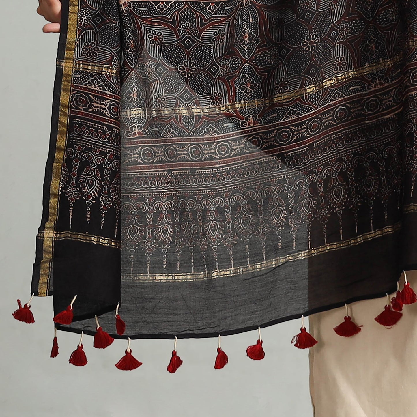 Black - Block Printed Chanderi Silk Handloom Ajrakh Dupatta 27