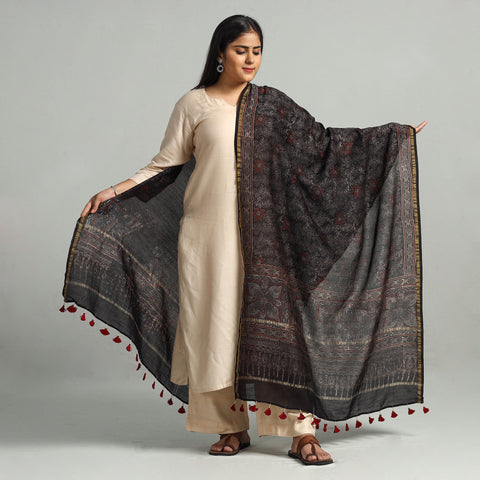 Black - Block Printed Chanderi Silk Handloom Ajrakh Dupatta 27