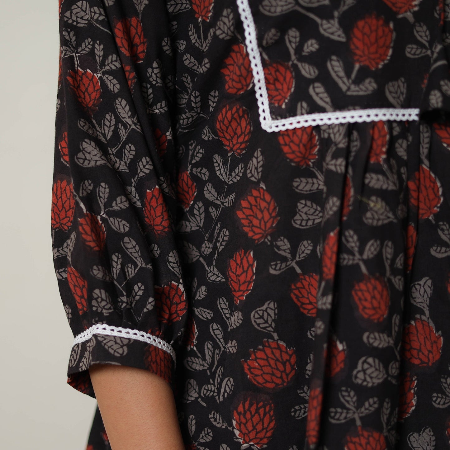 Black - printed cotton bagru co-ord set with lace work 02